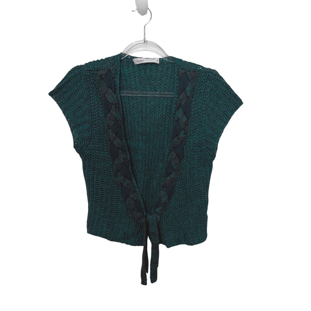 Skovhuus Knit Cardigan Womens Medium Teal Short Sleeve Tie Front Merino Mohair